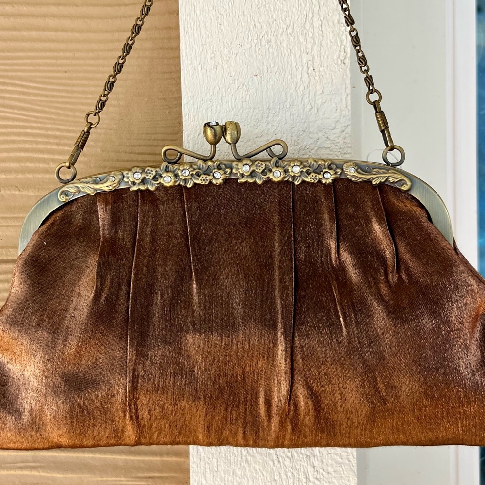 Shimmery Satin Brown w/ Copper Tone Convertible Evening Purse - SUPER VERSATILE